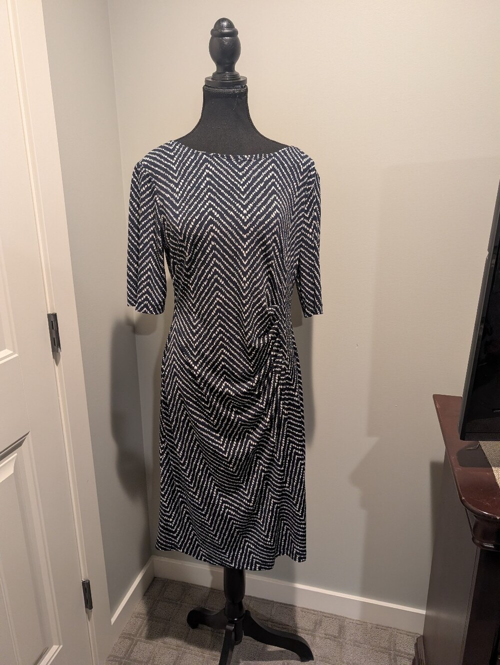 Connected Apparel Striped Navy And White Stretch Dress